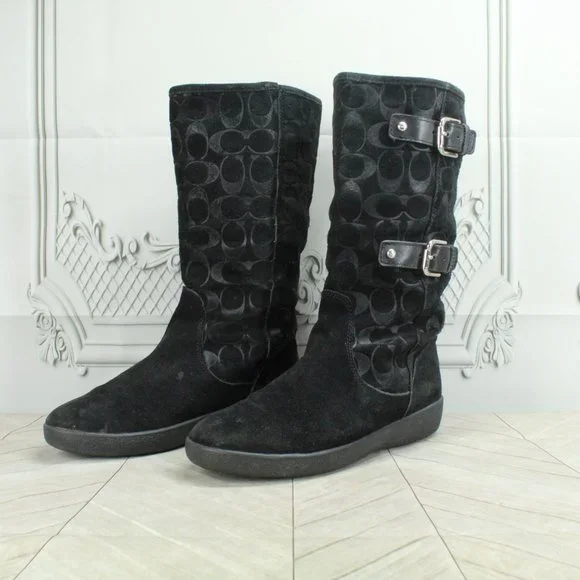Coach Tinah Monogram Black Suede Lined Buckle Mid Calf Boots Size 7.5 B - Picture 2 of 9